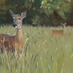 Oil painting of two young deer in tall grass