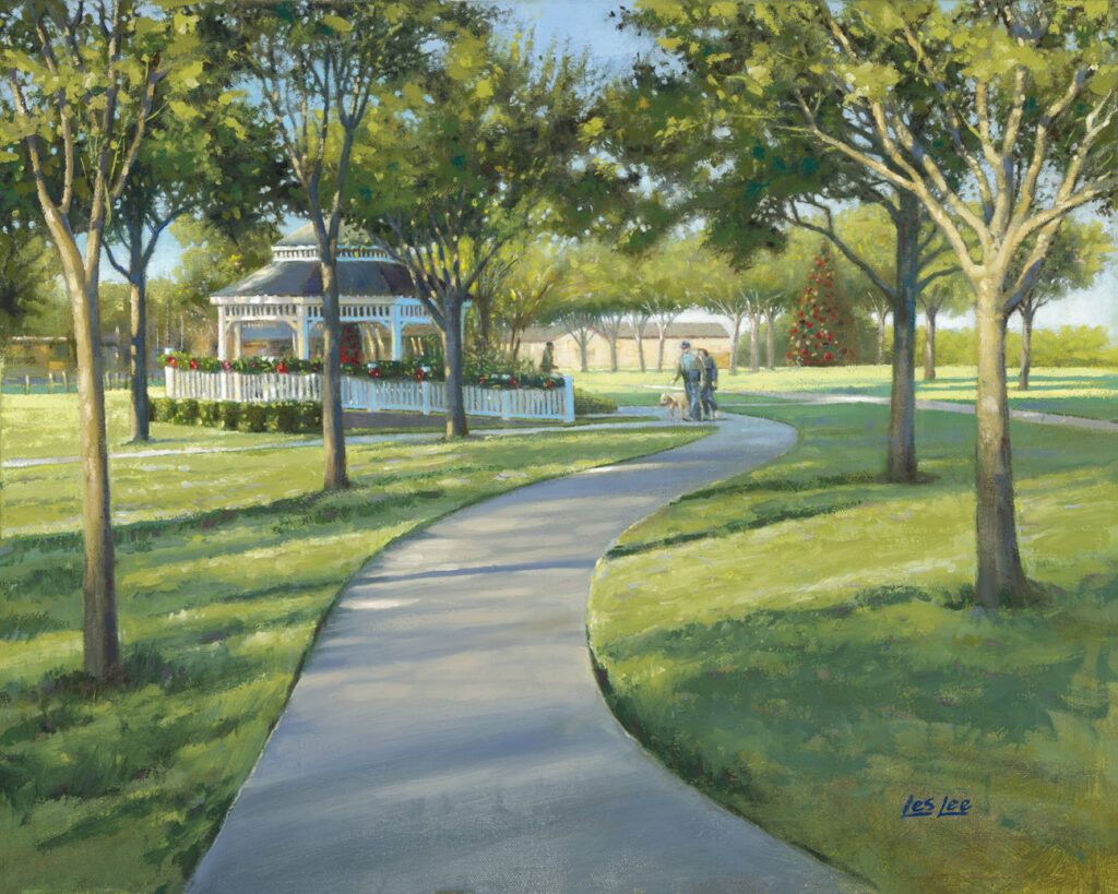 Painting of a gazebo in the park on a sunny early morning in December