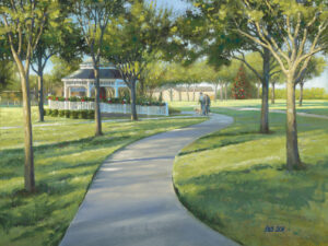 Painting of a gazebo in the park on a sunny early morning in December