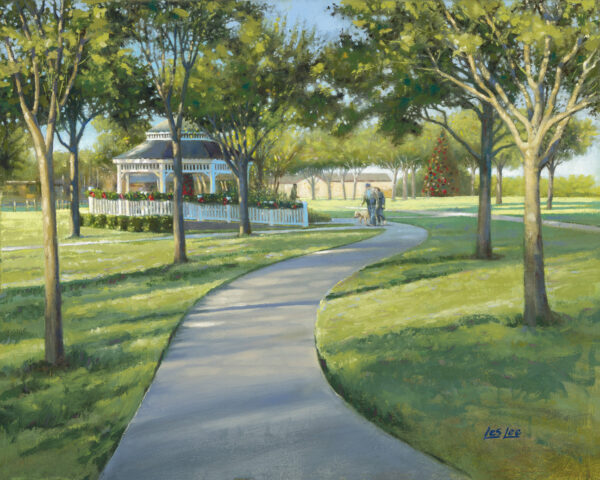 Painting of a gazebo in the park on a sunny early morning in December