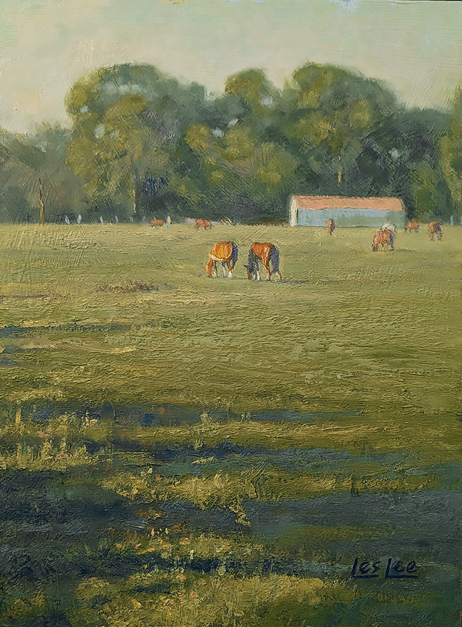 Painting of horses and a barn in a morning field