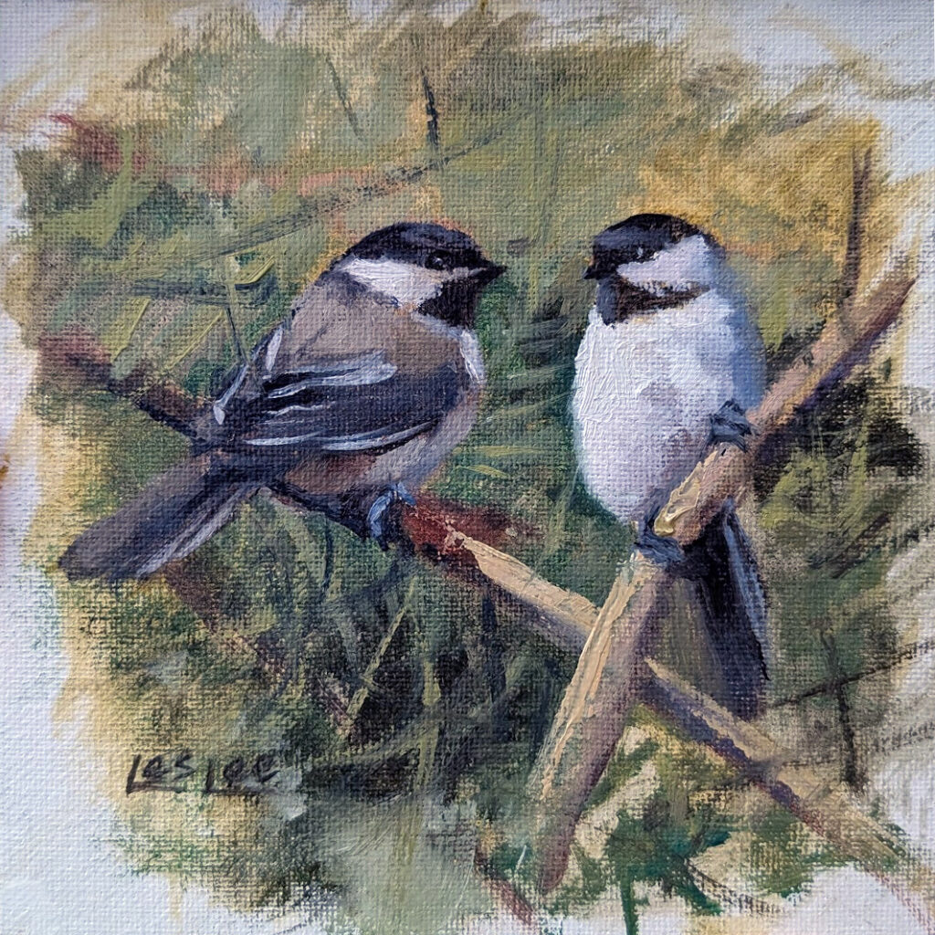 Oil painting of two chickadees on some branches.