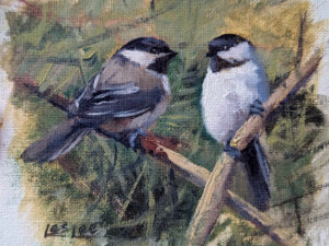 Oil painting of two chickadees on some branches.