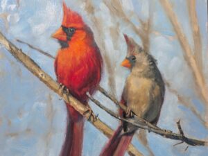 Two cardinals resting on a branch