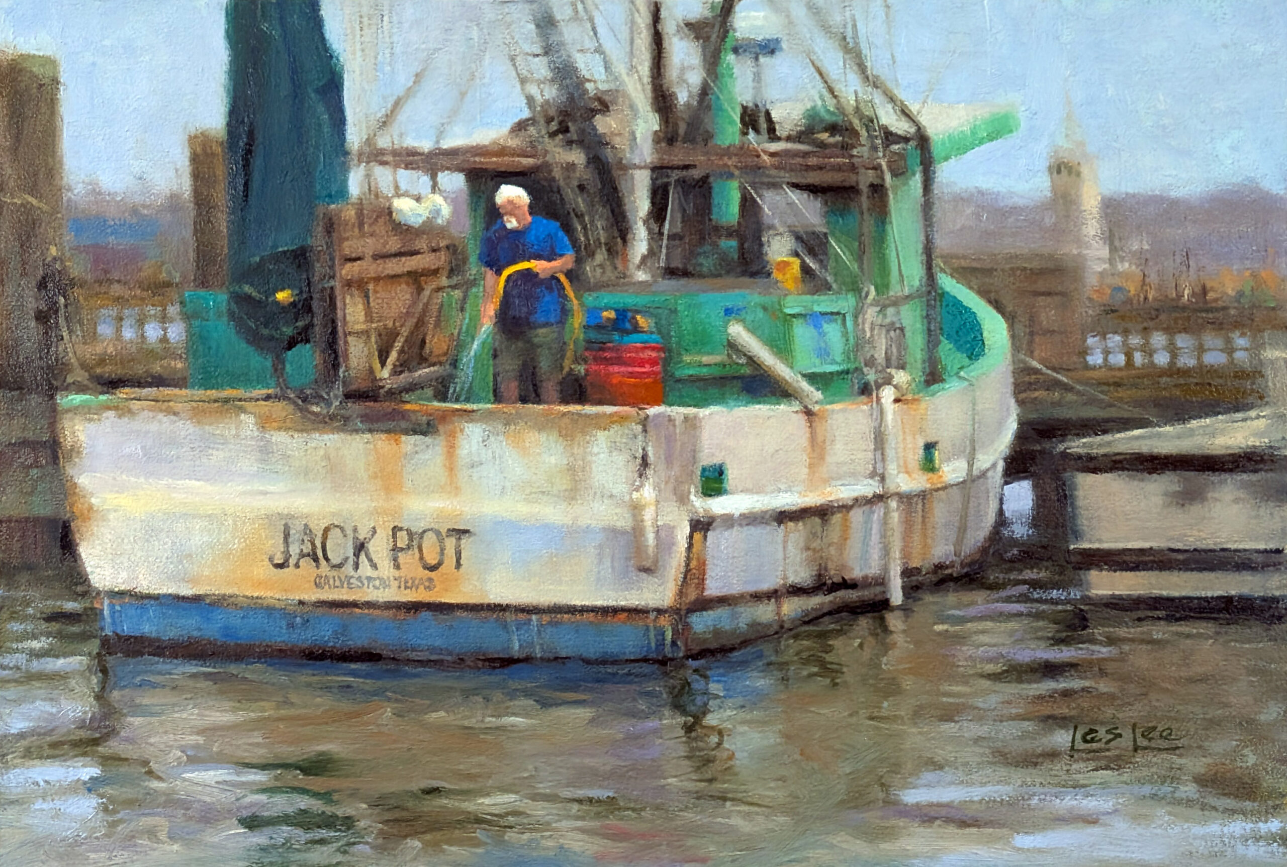 Oil painting of a shrimp boat docked in Galveston Harbor with a deckhand coiling a yellow hose in soft morning light.