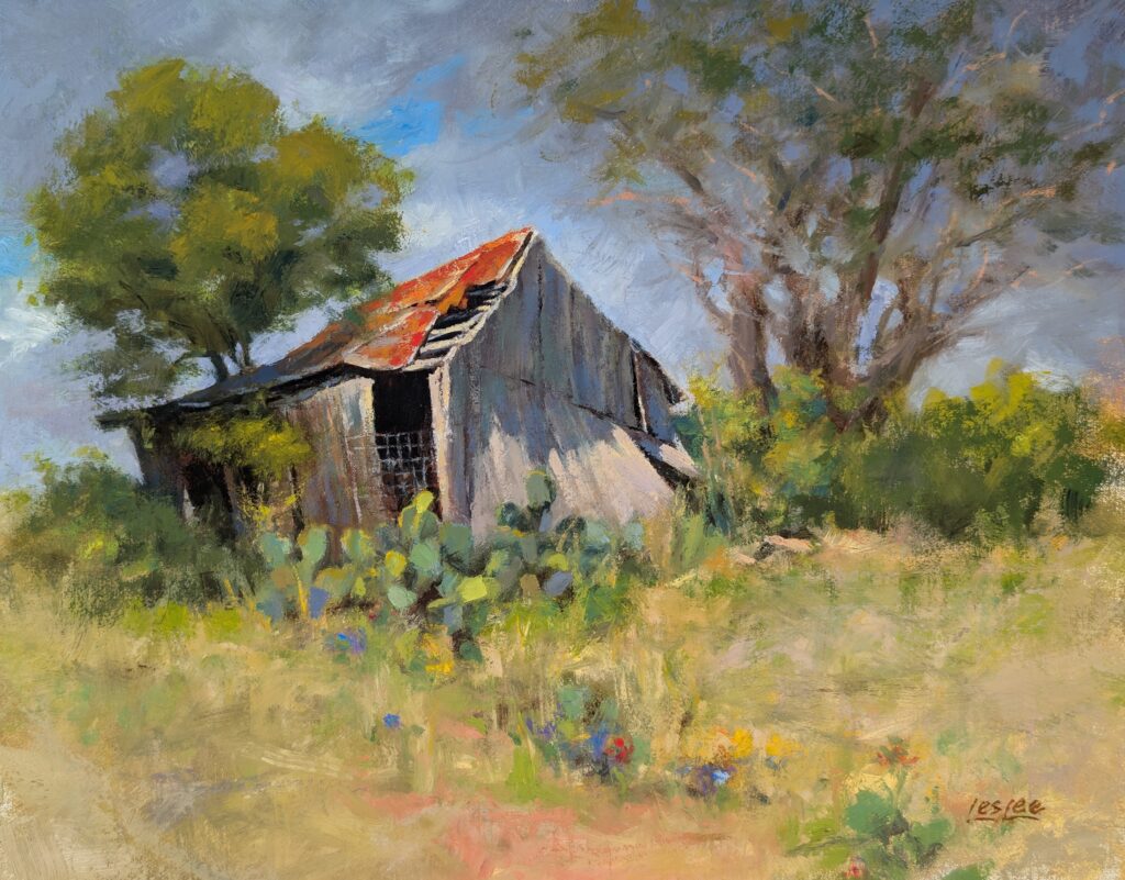 Faithful, an original 11 × 14 oil painting of a weathered Texas barn by landscape artist Les Lee.