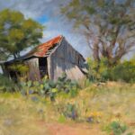 Faithful, an original 11 × 14 oil painting of a weathered Texas barn by landscape artist Les Lee.