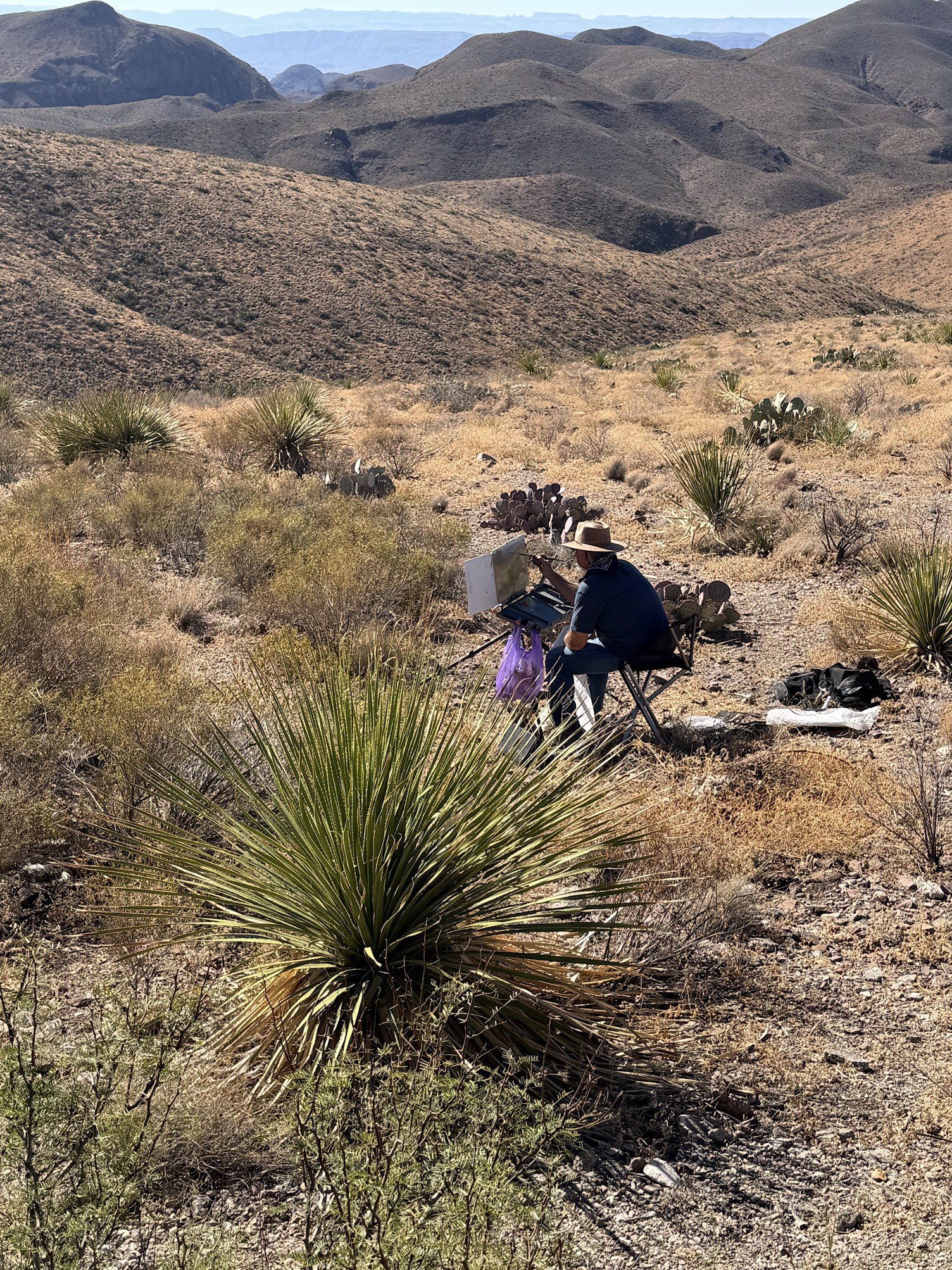 Artist Les Lee painting in outdoors in desert mountains
